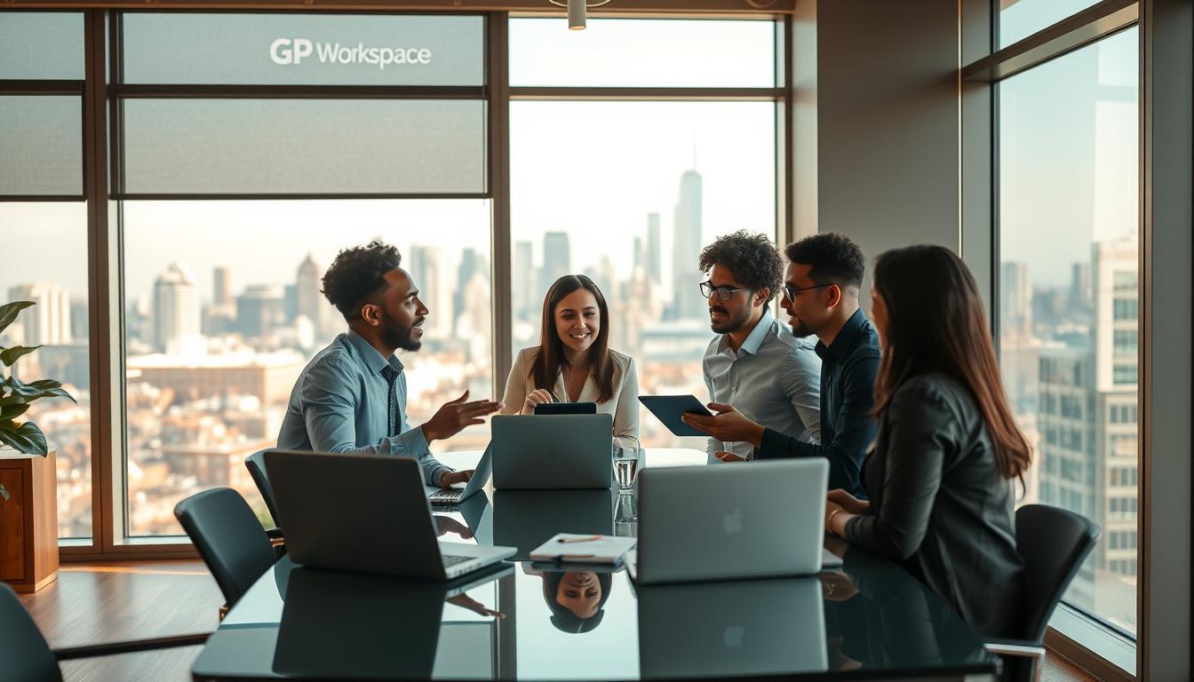 A cozy open-plan office with large windows overlooking a city skyline. In the foreground, a diverse group of professionals - African-American, Latin, and Asian - engaged in a lively discussion around a glass-topped conference table, laptops and tablets in hand. The lighting is warm and natural, with a GP Workspace logo discreetly displayed on the wall behind them. The mood is one of productive collaboration, with the team members gesturing animatedly as they exchange ideas. In the background, the city skyline provides a dynamic urban backdrop, hinting at the global reach of their work.