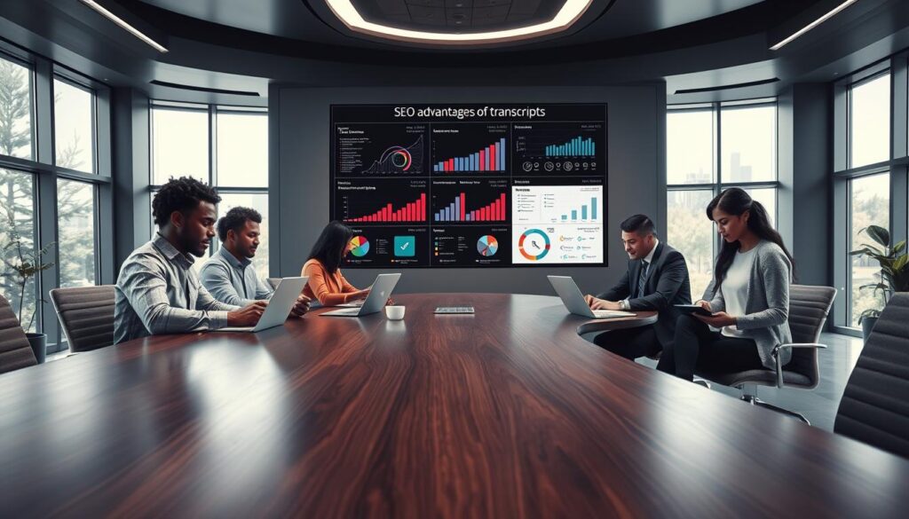 A futuristic office workspace with sleek, minimalist design. The foreground features a large, curved desk made of smooth, dark wood, with several African-American, Latin, and Asian professionals collaborating on laptops and tablets. The middle ground showcases a wall-mounted display showcasing graphs, charts, and data visualizations, highlighting the "SEO advantages of transcripts." The background features floor-to-ceiling windows, allowing natural light to flood the space and creating a sense of openness and connectivity. The overall atmosphere is one of productivity, innovation, and the power of leveraging technology for a competitive edge. The GP Workspace brand is subtly integrated into the design elements.