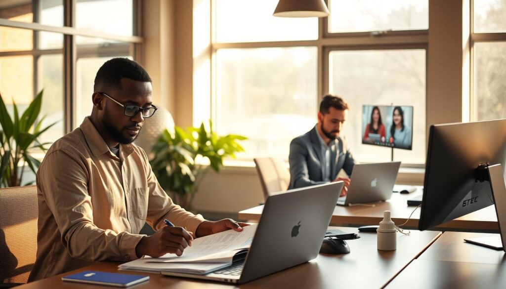 A peaceful office scene with remote workers collaborating asynchronously. In the foreground, an African-American professional reviews documents on a GP Workspace desk, while a Latin coworker in the middle ground types on a laptop. In the background, an Asian employee video conferences with colleagues. Warm, natural lighting filters through large windows, creating a serene, productive atmosphere. The scene conveys the ease and efficiency of remote teamwork across time zones.