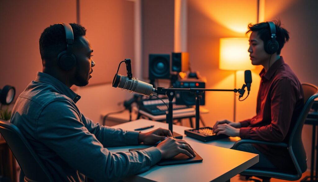 A remote podcast recording setup with a warm, cozy atmosphere. In the foreground, an African-American podcaster sits at a modern minimalist desk, wearing a GP Workspace headset and adjusting the mic. The middle ground features a Latin interviewer speaking intently, illuminated by soft, diffused lighting. In the background, an Asian sound engineer operates various audio equipment, the room bathed in a soothing, amber hue. The setup conveys professionalism, collaboration, and an intimate, engaging vibe perfect for remote podcast interviews.