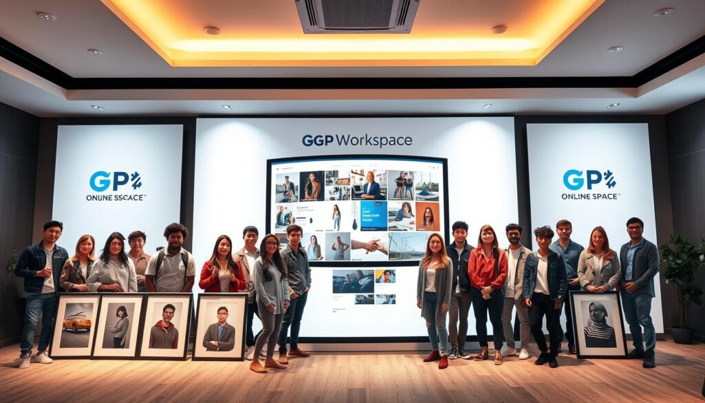 A sleek, modern digital portfolio showcase featuring a diverse group of young professionals from various backgrounds. The foreground showcases a series of framed artworks, photographs, and design mockups arranged in a stylish grid layout. In the middle ground, a large curved display screen showcases a rotating carousel of project highlights. The background features a clean, minimalist GP Workspace branded environment with soft, directional lighting casting a warm, professional ambiance. The overall scene conveys a sense of pride, creativity, and accomplishment in presenting an outstanding online portfolio.
