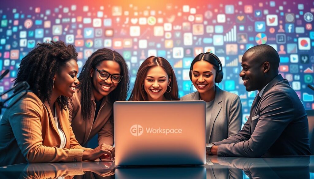 A vibrant digital landscape showcasing a group of diverse individuals engaged in strategic social media promotion for a podcast. In the foreground, a team of African-American, Latin, and Asian professionals huddle around a laptop, their expressions animated as they discuss tactics to enhance podcast visibility. In the middle ground, a sleek, modern workspace branded with the "GP Workspace" logo sets the scene, the lighting warm and inviting. In the background, a vibrant mosaic of social media icons and digital analytics charts underscores the power of online platforms to amplify the podcast's reach. The overall atmosphere conveys a sense of collaborative energy and a keen focus on leveraging social media to drive podcast success.
