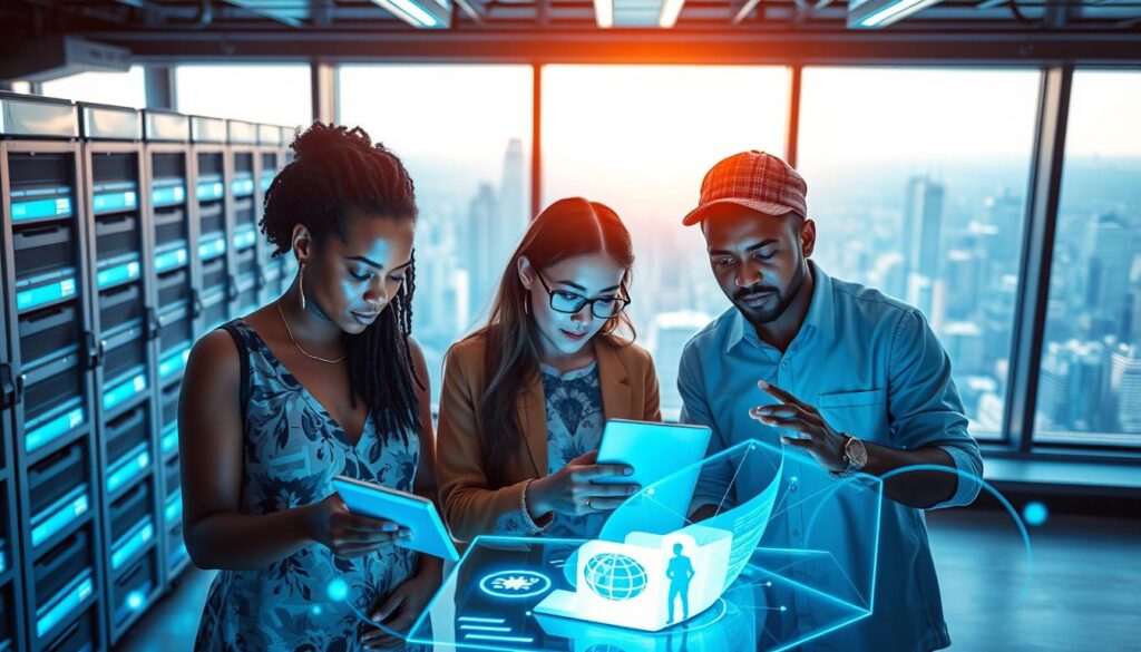 A vibrant, futuristic workspace with a diverse team of digital nomads collaborating around a state-of-the-art cloud storage solution. In the foreground, an African-American woman and a Latin man review files on a sleek, holographic display. In the middle ground, an Asian woman shares her screen with colleagues, all bathed in a cool, blue-tinted lighting. The background features rows of servers and a panoramic window overlooking a bustling cityscape, symbolizing the seamless, global connectivity enabled by the GP Workspace cloud platform. The overall scene conveys a sense of innovation, productivity, and inclusive, borderless collaboration.