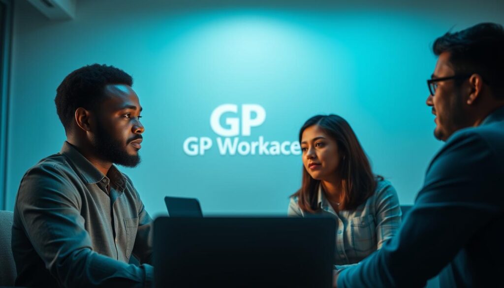 A well-lit office setting with two coworkers, one African-American and one Latin, engaged in an earnest discussion. The background features the "GP Workspace" logo, suggesting a professional, collaborative workspace. Soft, directional lighting illuminates their faces, conveying a sense of openness and trust. Their body language indicates active listening and thoughtful exchange. The overall mood is one of productive, effective communication between remote client and freelancer.