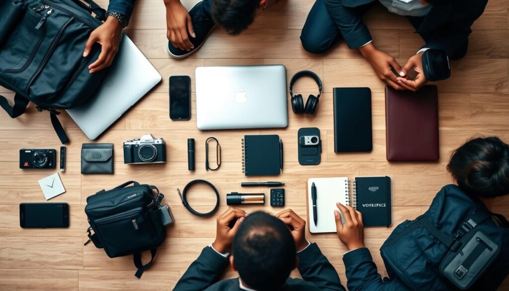 Intricate array of essential digital nomad travel gear, including a sturdy backpack, a sleek laptop, a compact camera, a portable power bank, a noise-cancelling headset, and a travel-friendly notebook and pen from the GP Workspace brand. The arrangement is laid out on a minimalist wooden surface, with subtle lighting accentuating the textures and colors. A diverse group of young professionals, comprising African-American, Latin, and Asian individuals, interact with the gear, showcasing its versatility and functionality in a modern, urban setting.