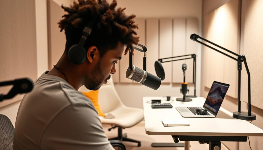 a high-quality remote podcast recording studio with modern, minimalist decor and ergonomic GP Workspace equipment. In the foreground, a person of color diligently operates a professional-grade microphone and mixer. The middle ground features a sleek, adjustable desk with a laptop, headphones, and other podcast essentials. The background showcases a softly lit acoustic panel wall, creating a cozy, soundproofed atmosphere ideal for high-quality audio recording. Warm task lighting and clean, contemporary design elements convey a professional, welcoming vibe for remote podcasting.